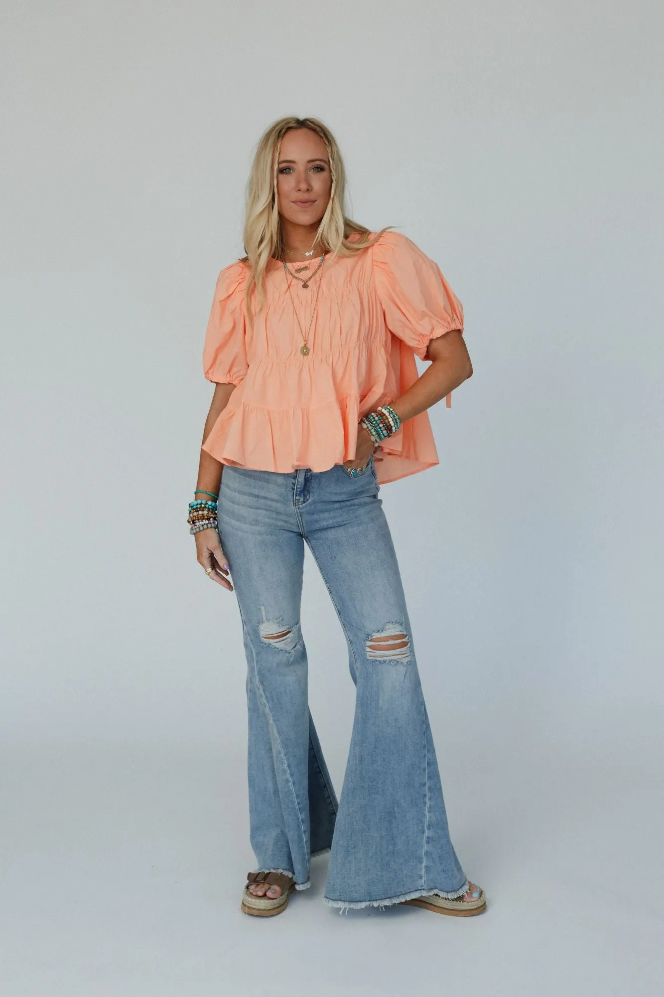 Shirr Delight Puff Sleeve Top - Peach