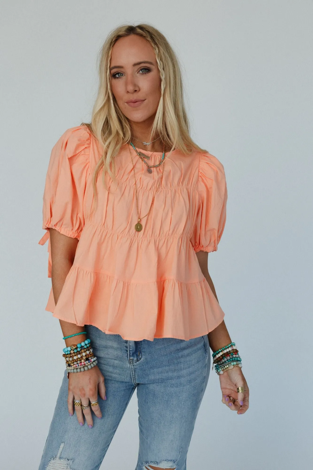 Shirr Delight Puff Sleeve Top - Peach