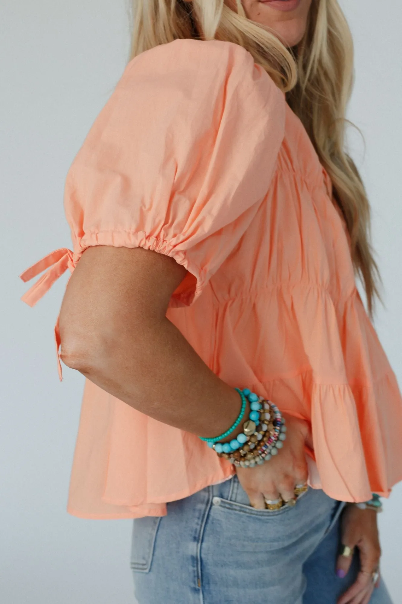 Shirr Delight Puff Sleeve Top - Peach