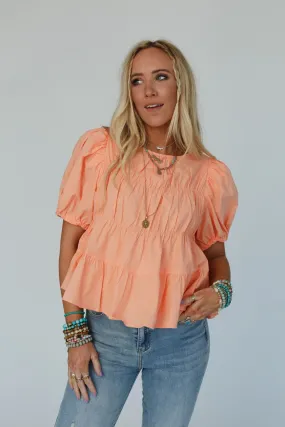 Shirr Delight Puff Sleeve Top - Peach