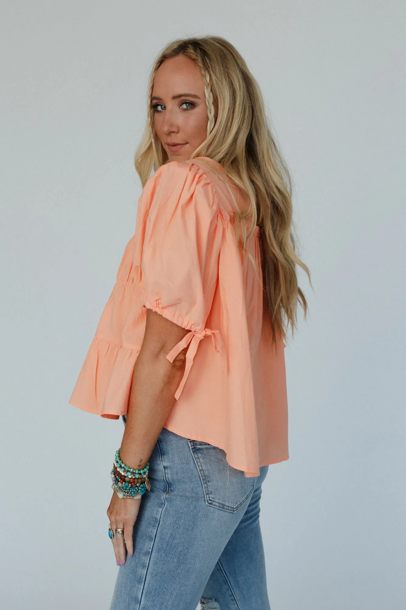 Shirr Delight Puff Sleeve Top - Peach