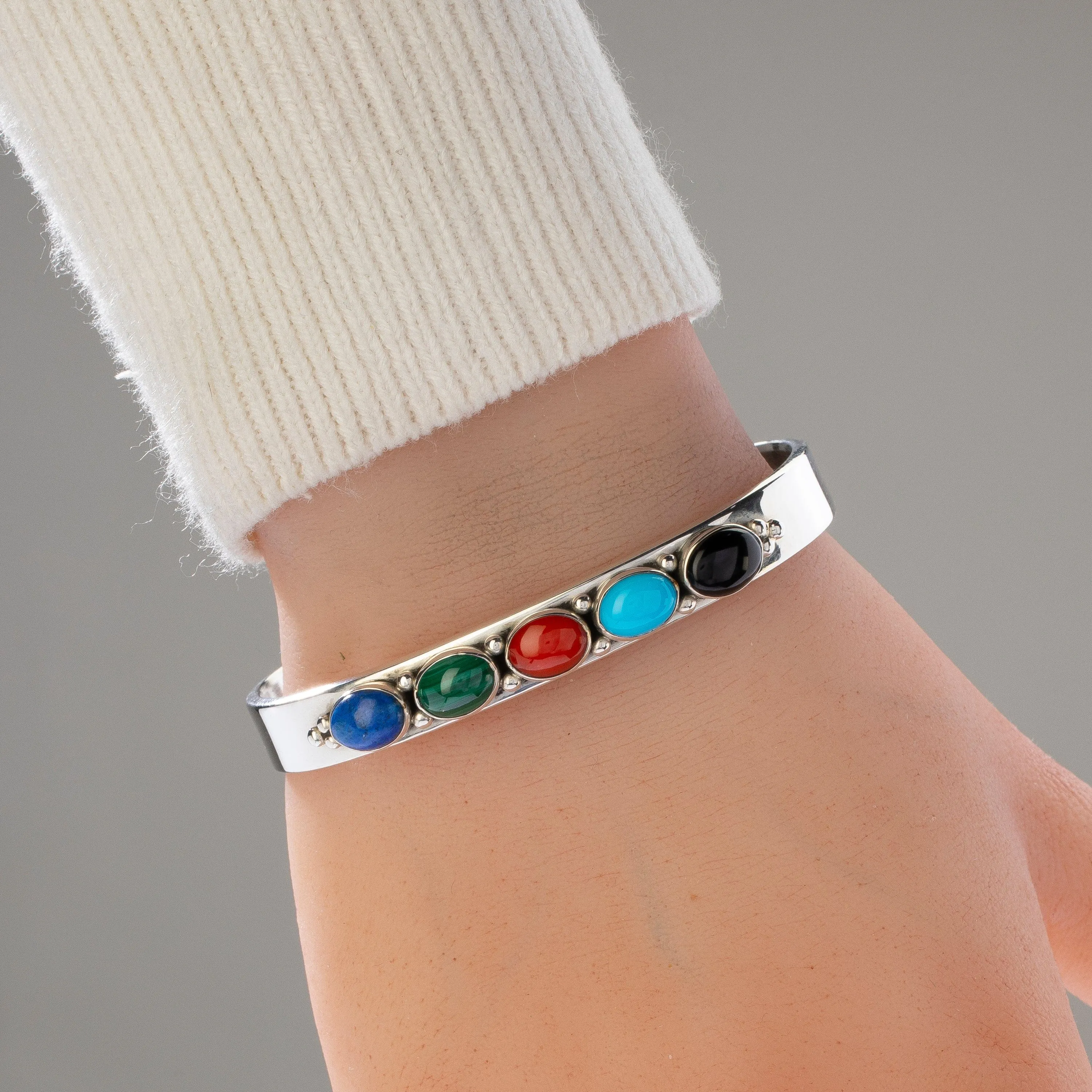 Sleeping Beauty Turquoise, Black Onyx, Coral, Malachite, & Lapis Navajo USA Native American Made 925 Sterling Silver Cuff