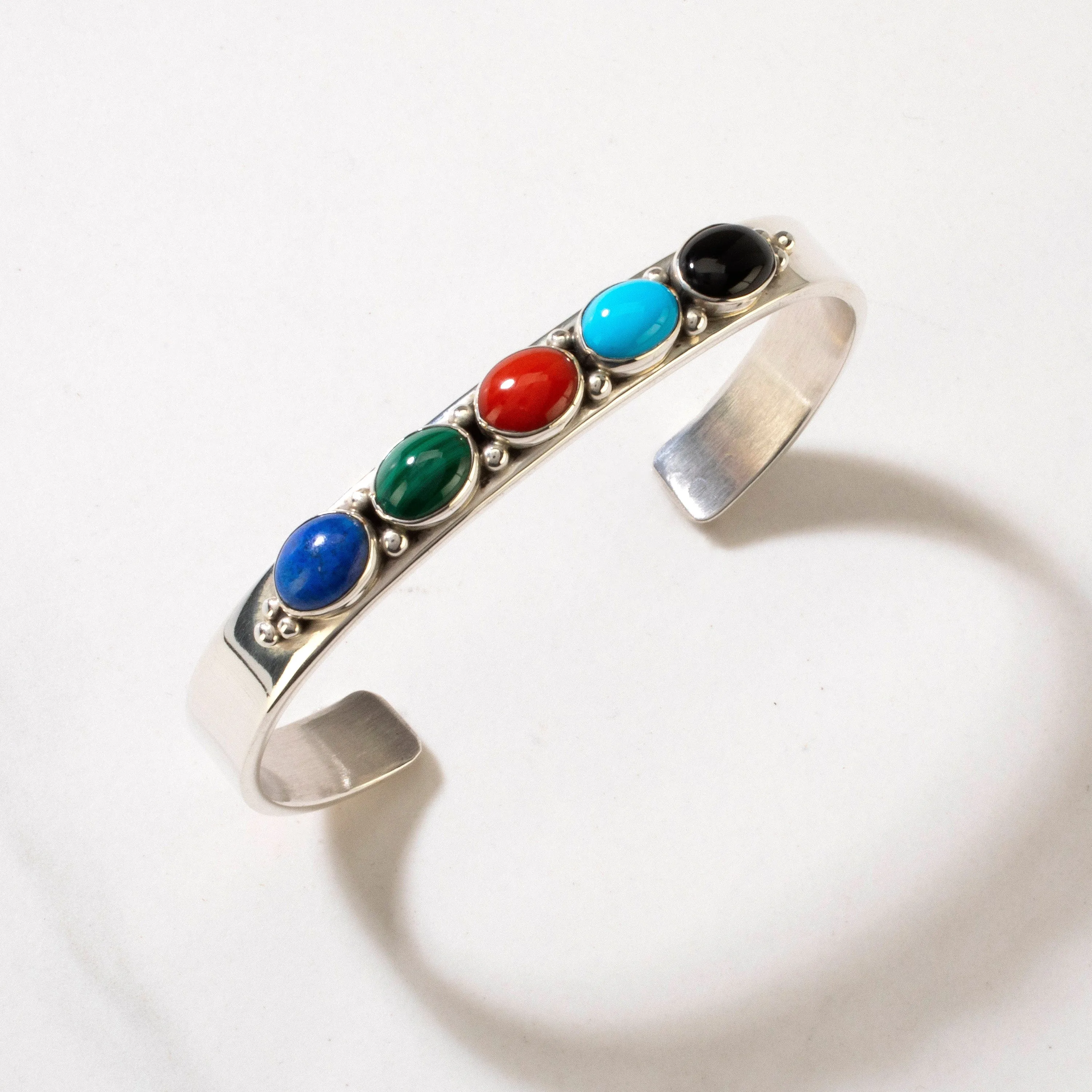 Sleeping Beauty Turquoise, Black Onyx, Coral, Malachite, & Lapis Navajo USA Native American Made 925 Sterling Silver Cuff