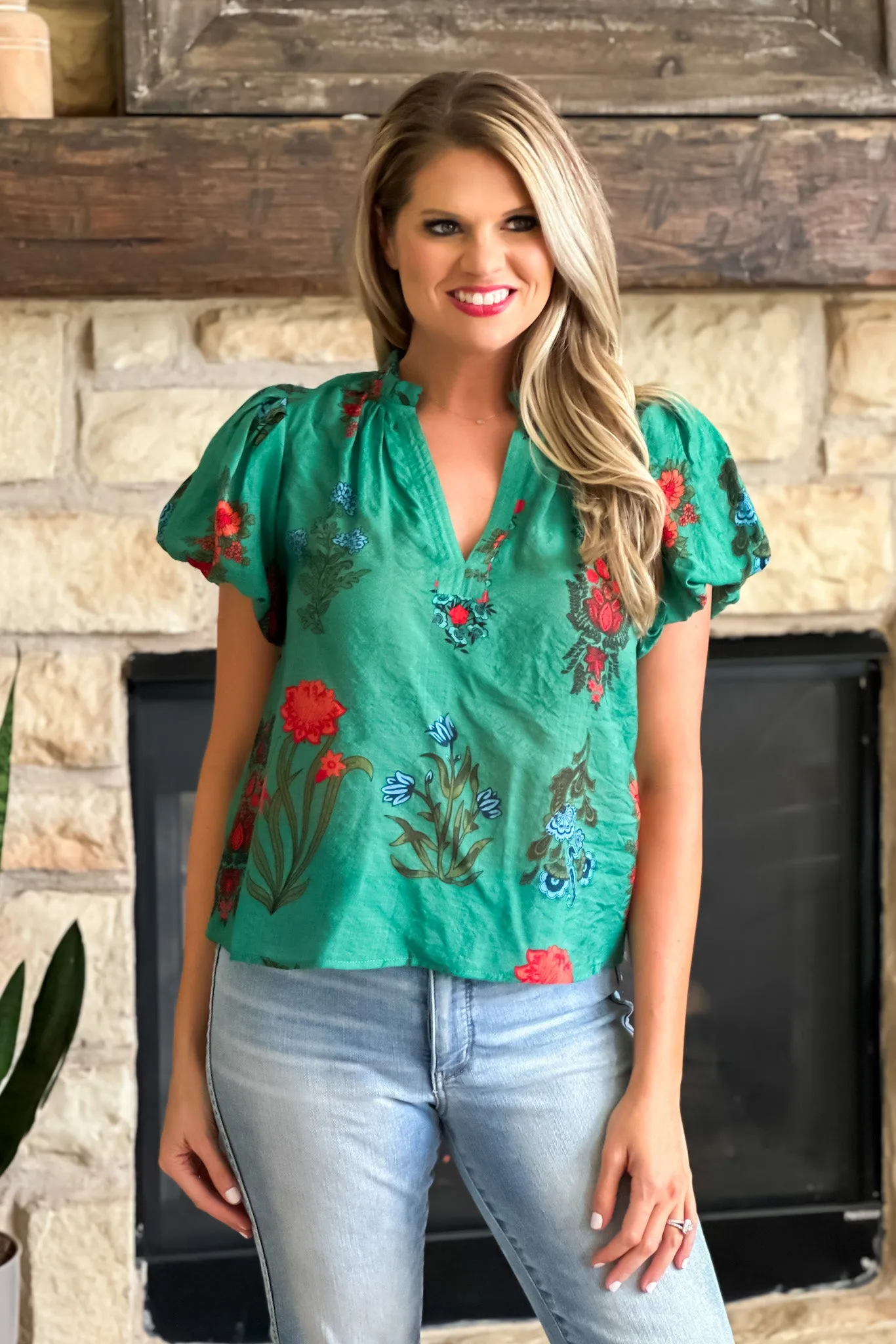 Stems Flower Print Top : Green