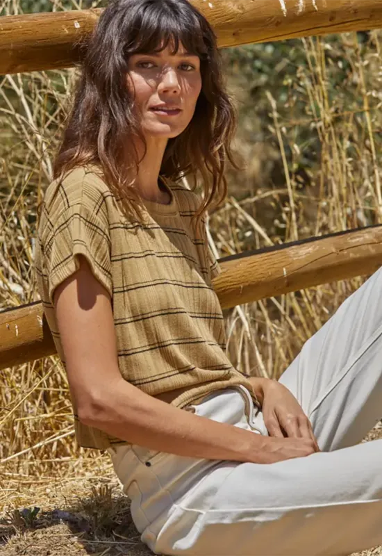 Striped Rib Short Sleeve Top Camel Black