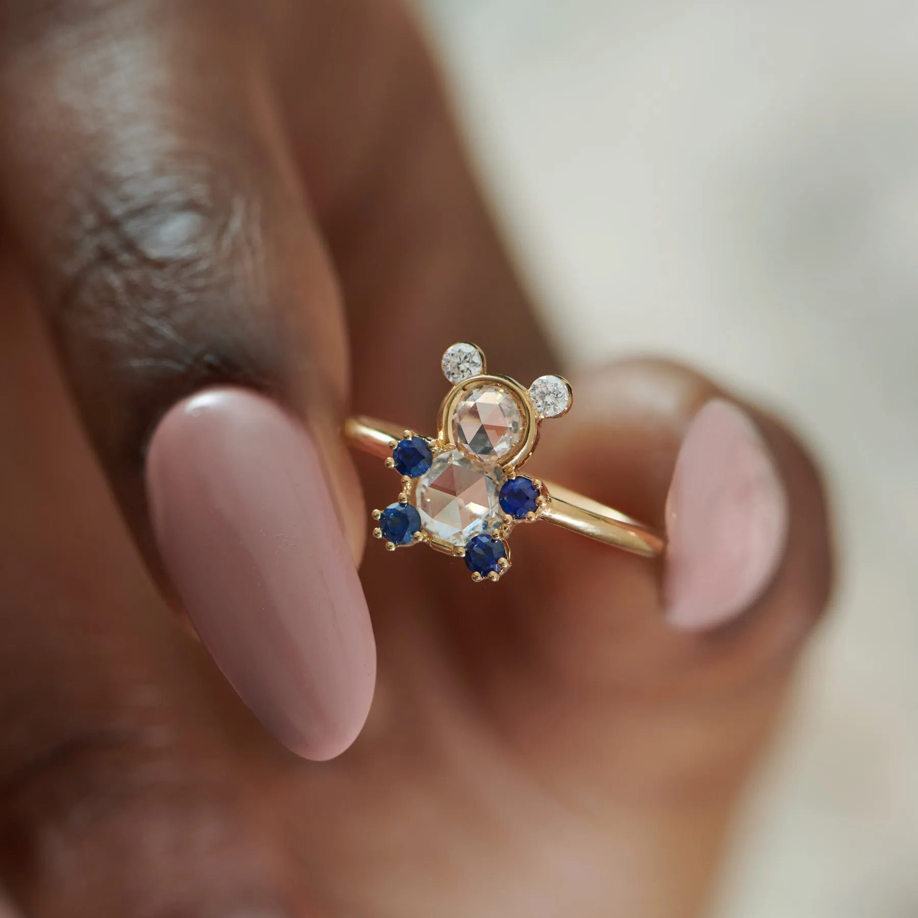 Teddy Bear Rose Cut Diamond & Blue Sapphire Ring