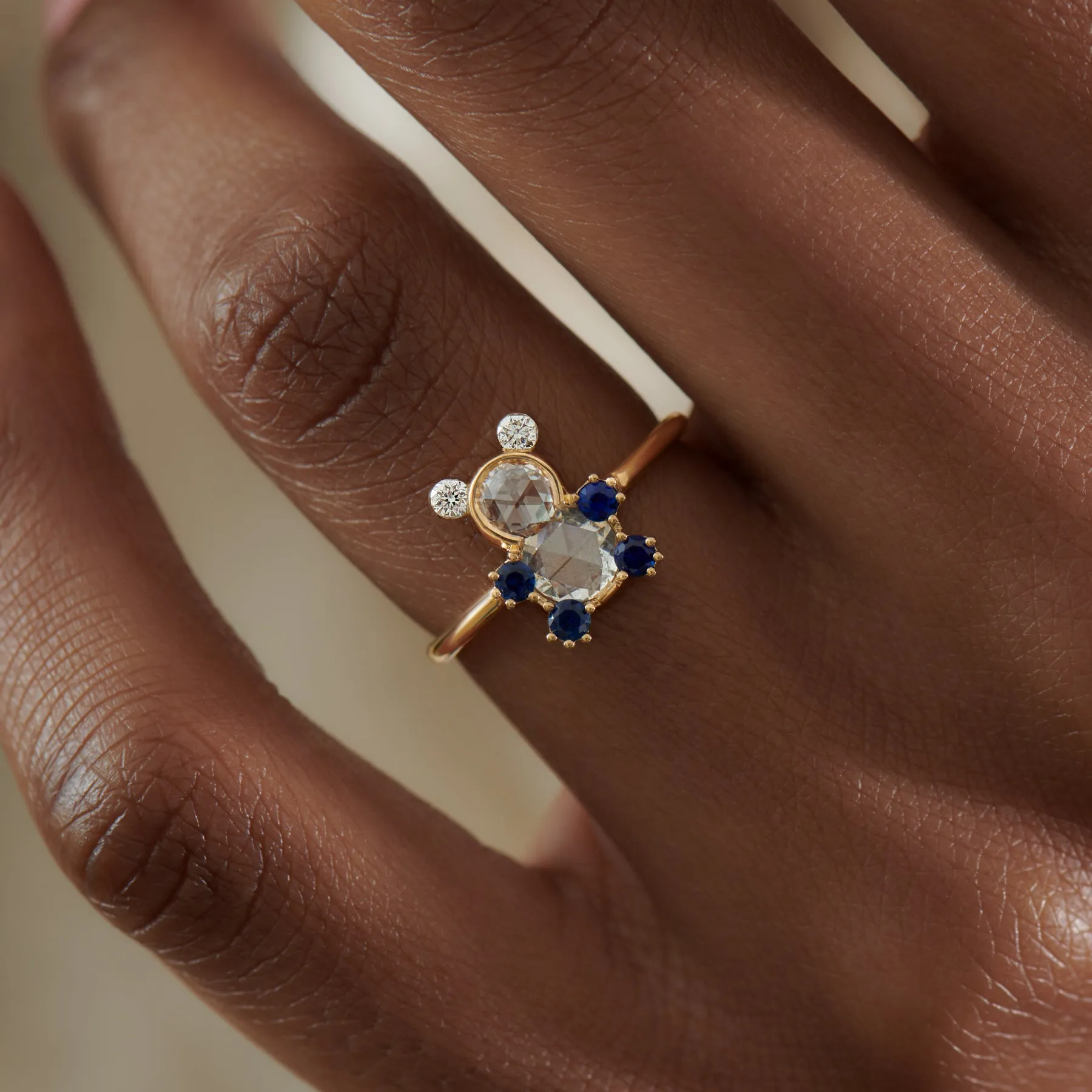 Teddy Bear Rose Cut Diamond & Blue Sapphire Ring