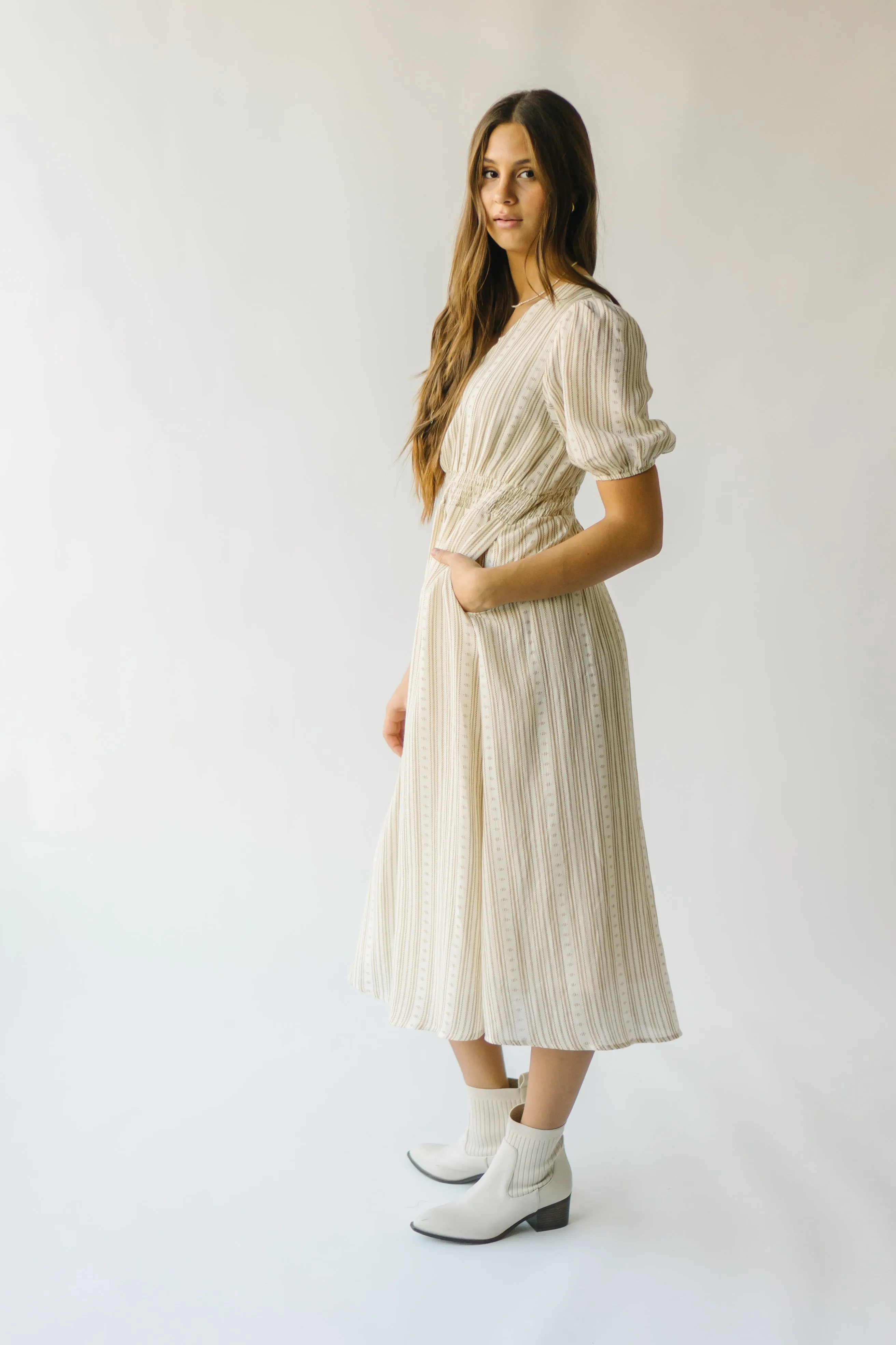 The Giovanna Puff Sleeve Midi Dress in Natural