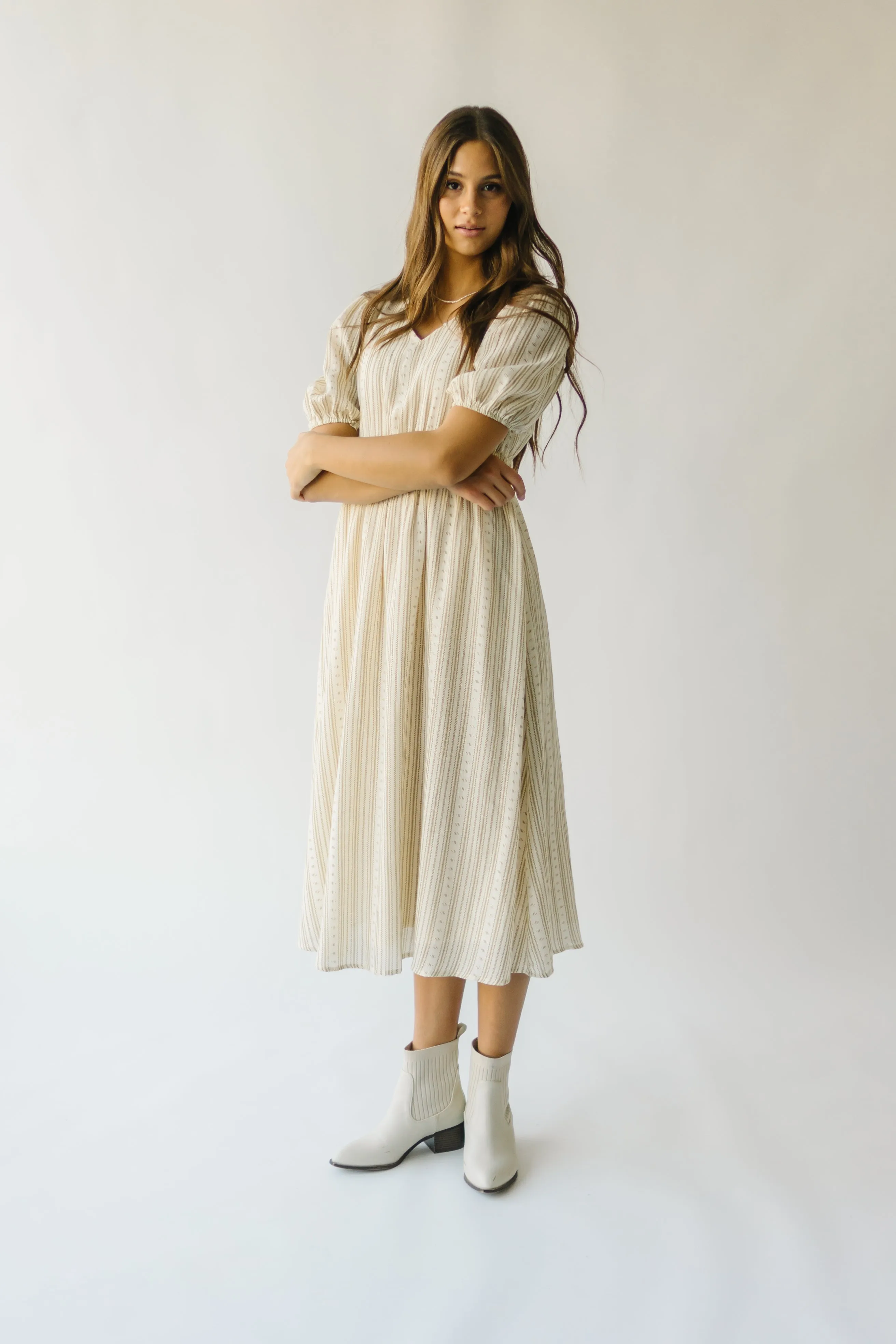 The Giovanna Puff Sleeve Midi Dress in Natural