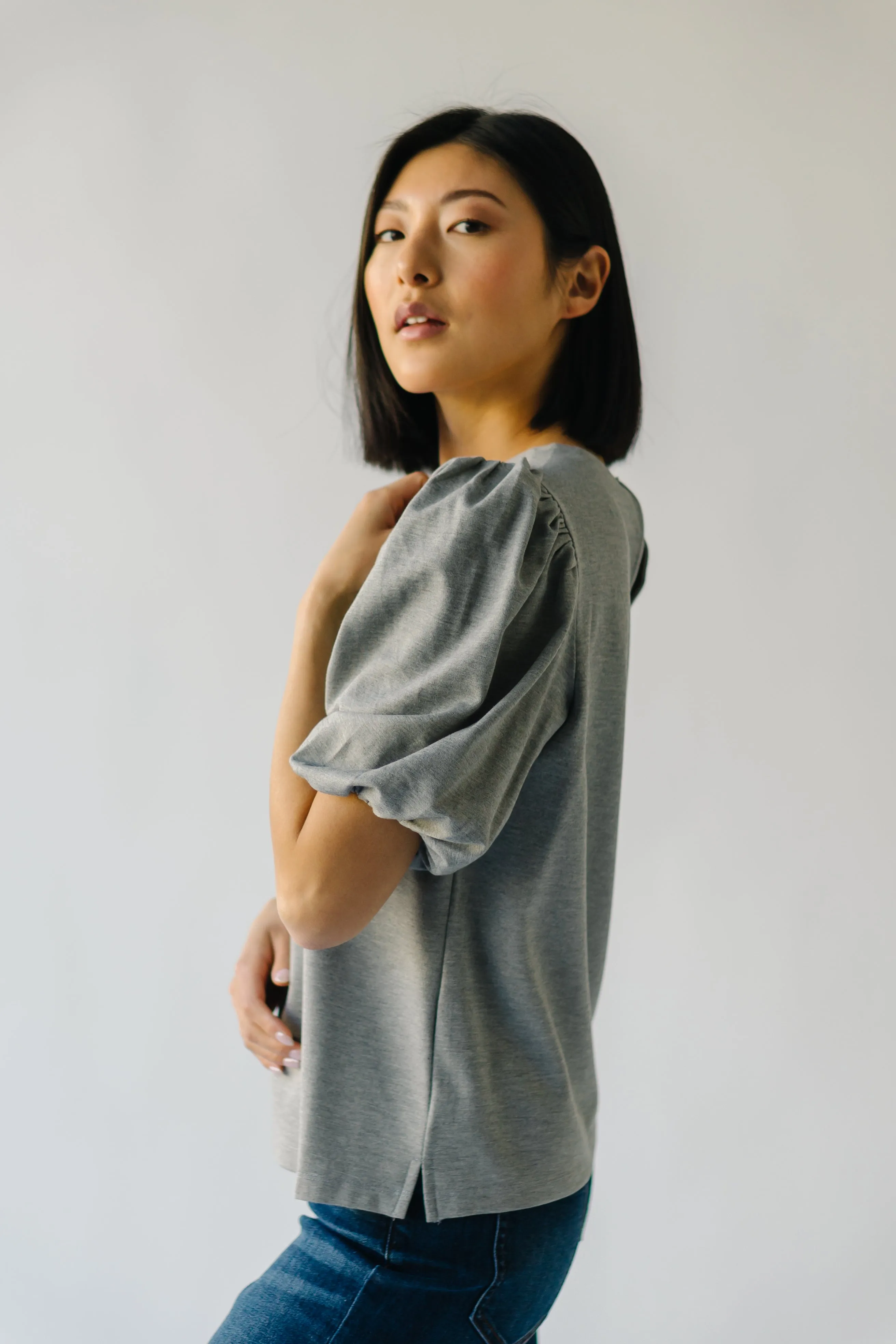 The Winslow Ponte Puff Sleeve Blouse in Heather Grey