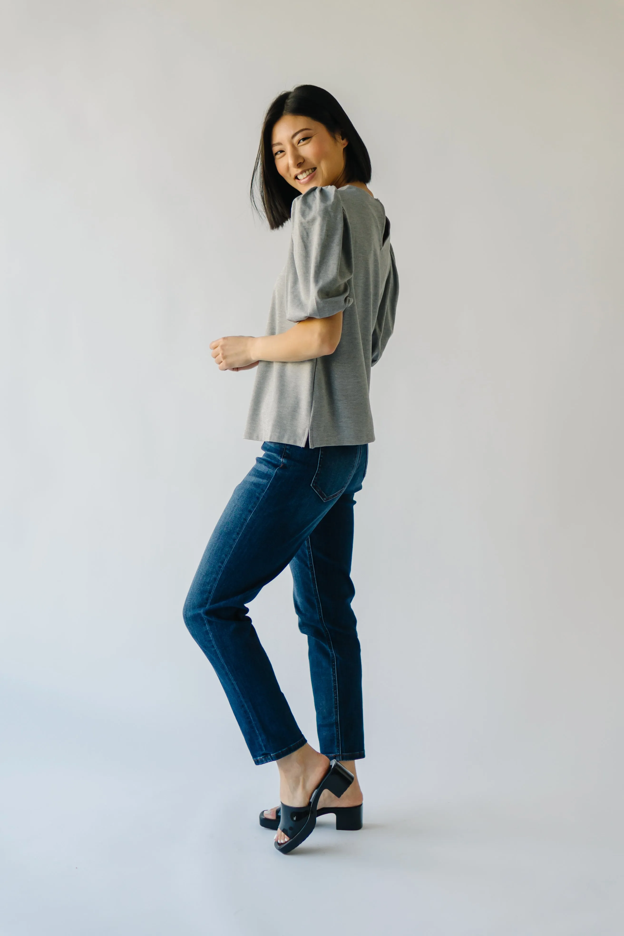 The Winslow Ponte Puff Sleeve Blouse in Heather Grey