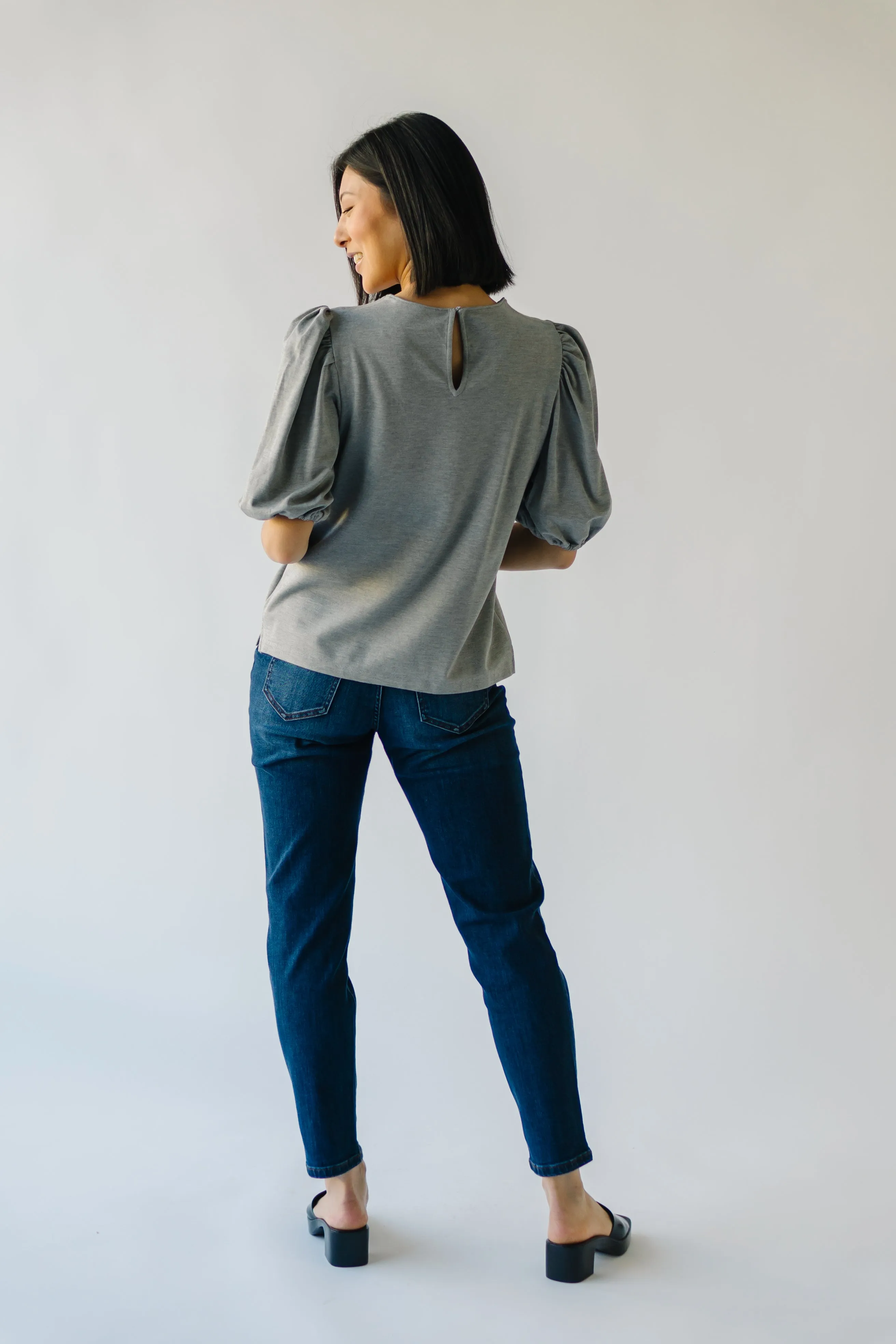 The Winslow Ponte Puff Sleeve Blouse in Heather Grey