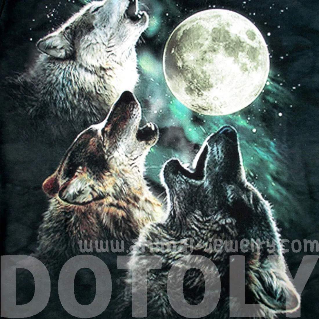 Three Wolves Howling At The Moon Aurora Sky Animal Print Graphic Tee T-Shirt for Women