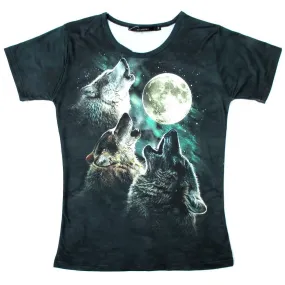 Three Wolves Howling At The Moon Aurora Sky Animal Print Graphic Tee T-Shirt for Women