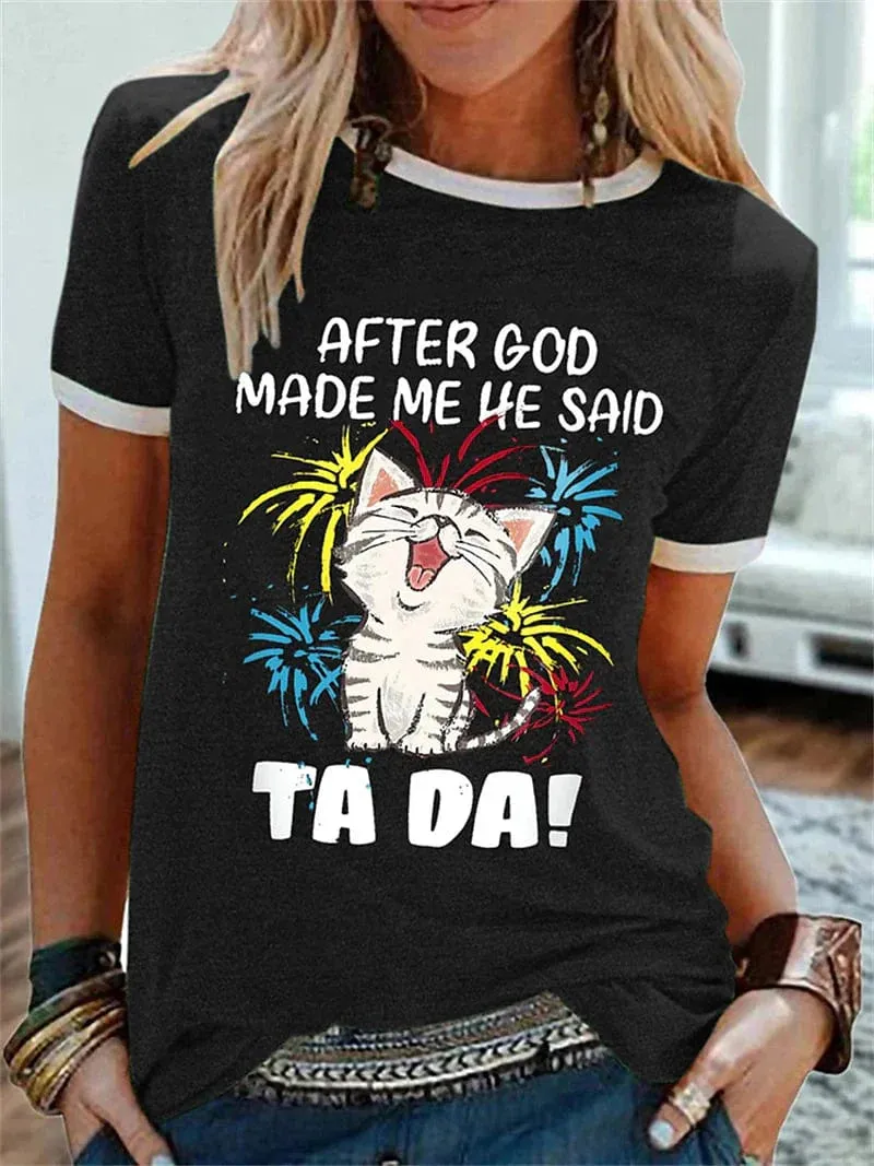 Trendy Cat Print Women's T-shirt with Short Sleeves