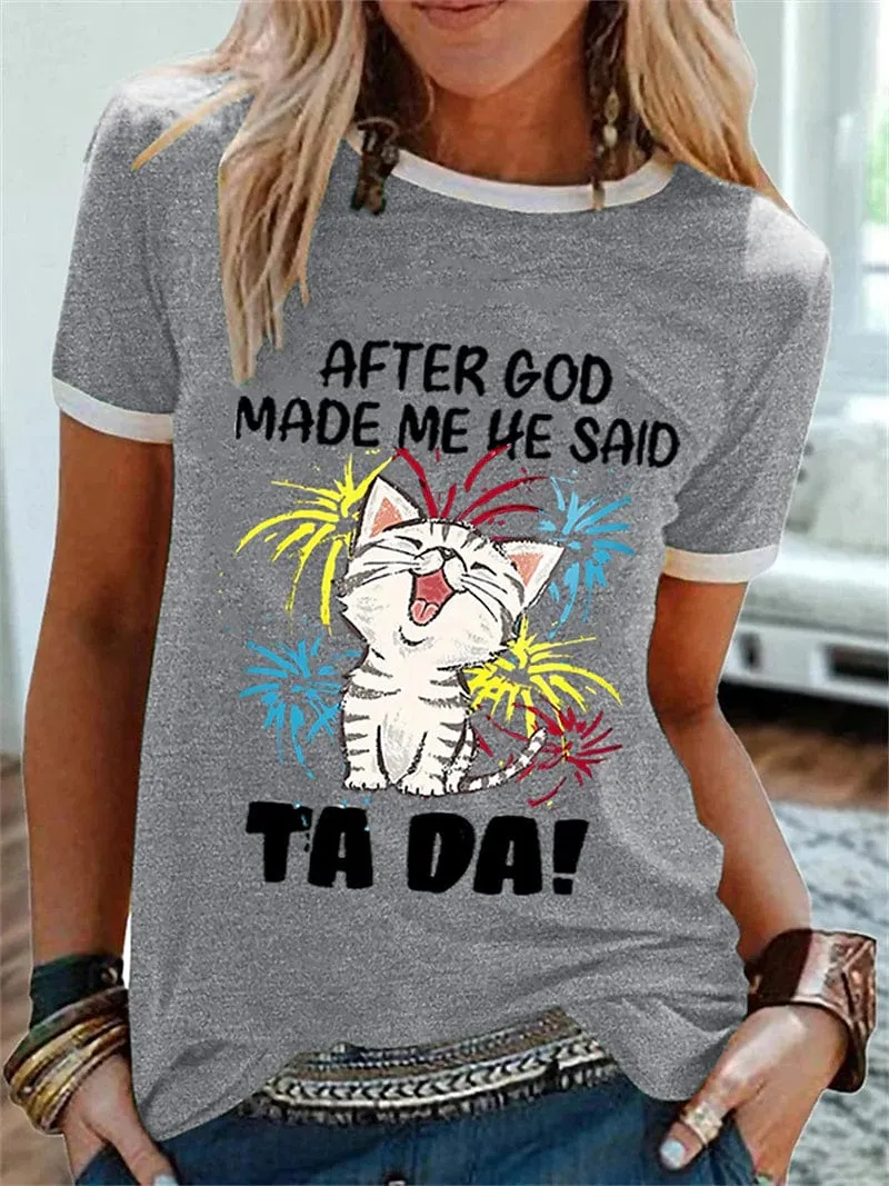 Trendy Cat Print Women's T-shirt with Short Sleeves