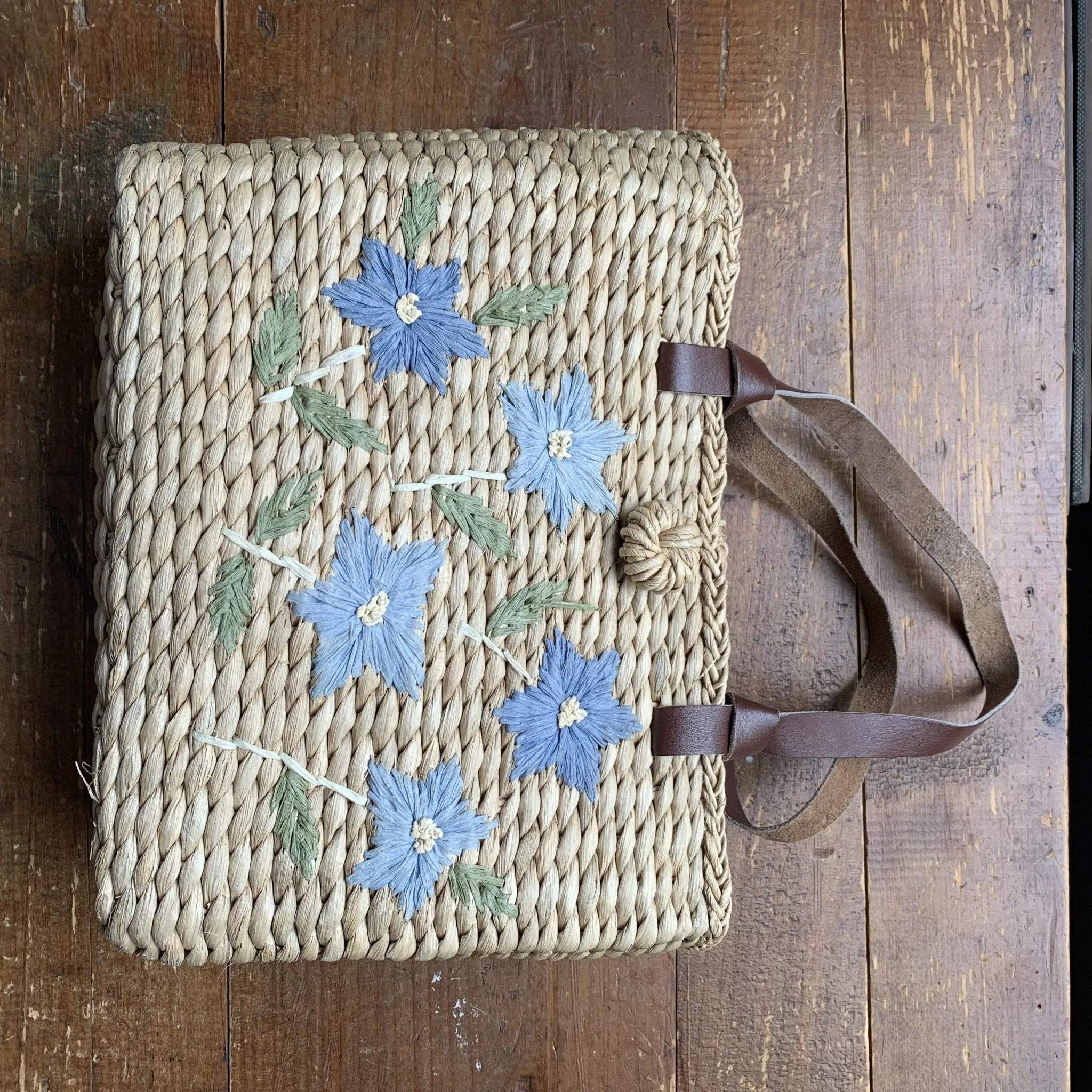 Vintage Straw Purse with Blue Floral Pattern. Perfect Summer Bag.