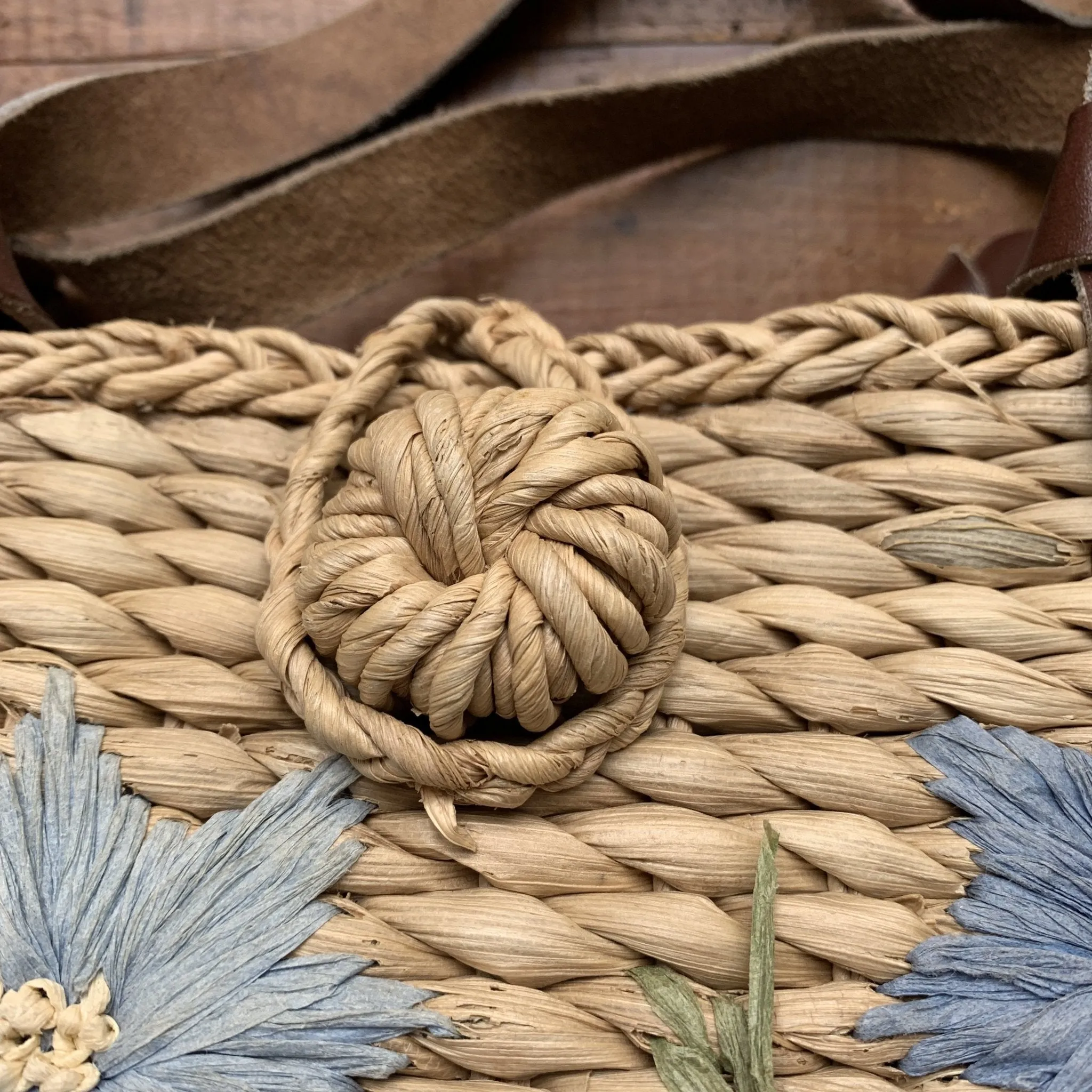 Vintage Straw Purse with Blue Floral Pattern. Perfect Summer Bag.