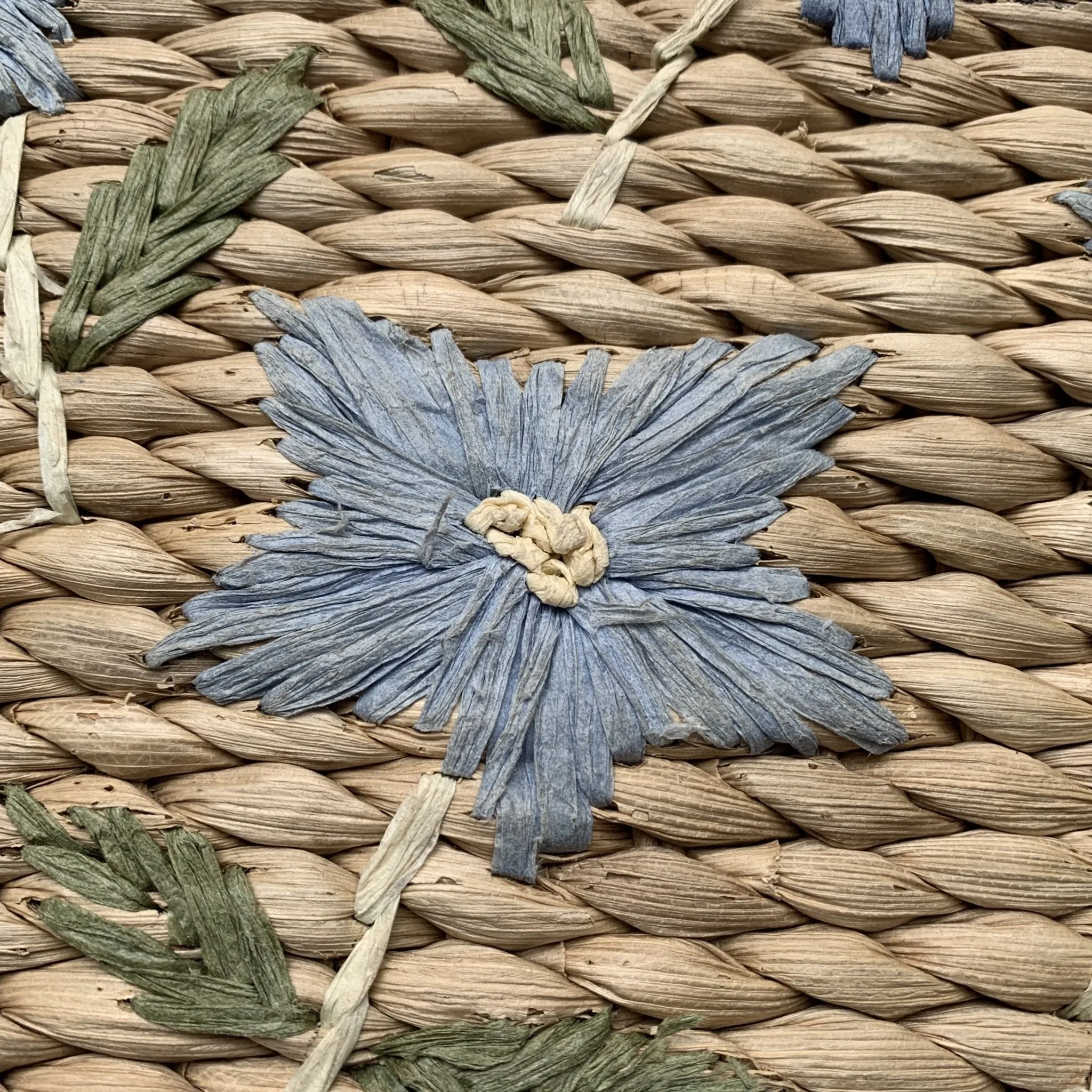 Vintage Straw Purse with Blue Floral Pattern. Perfect Summer Bag.