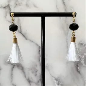 White Tassel and Black Crystal Post Earrings