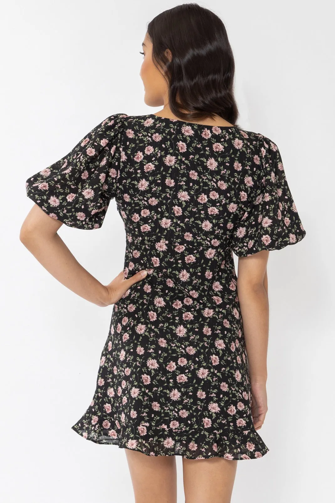 Whole Hearted Black   Pink Rose SS Puff Sleeve Mini Dress