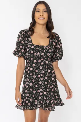 Whole Hearted Black   Pink Rose SS Puff Sleeve Mini Dress