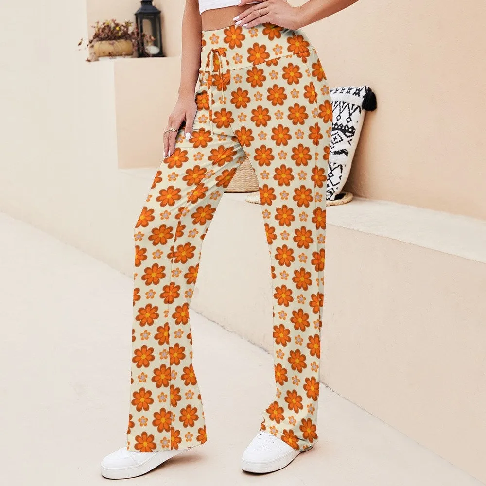 Wide Leg Pants Women, Wide Leg Yoga Pants Women, Hippie Pants Women, Orange Floral Pants Women, 70s inspired pants women