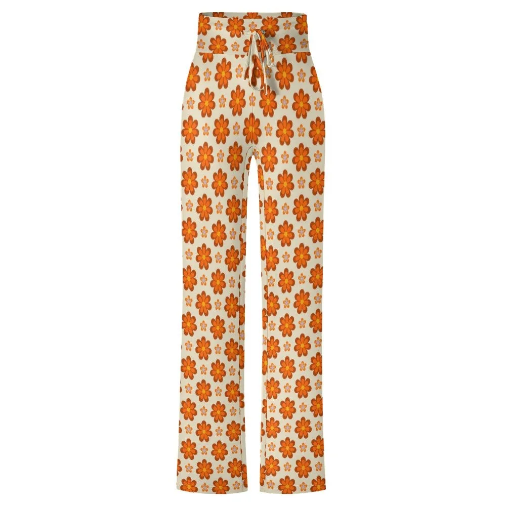 Wide Leg Pants Women, Wide Leg Yoga Pants Women, Hippie Pants Women, Orange Floral Pants Women, 70s inspired pants women