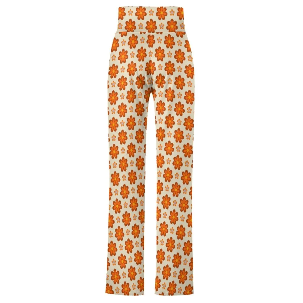 Wide Leg Pants Women, Wide Leg Yoga Pants Women, Hippie Pants Women, Orange Floral Pants Women, 70s inspired pants women