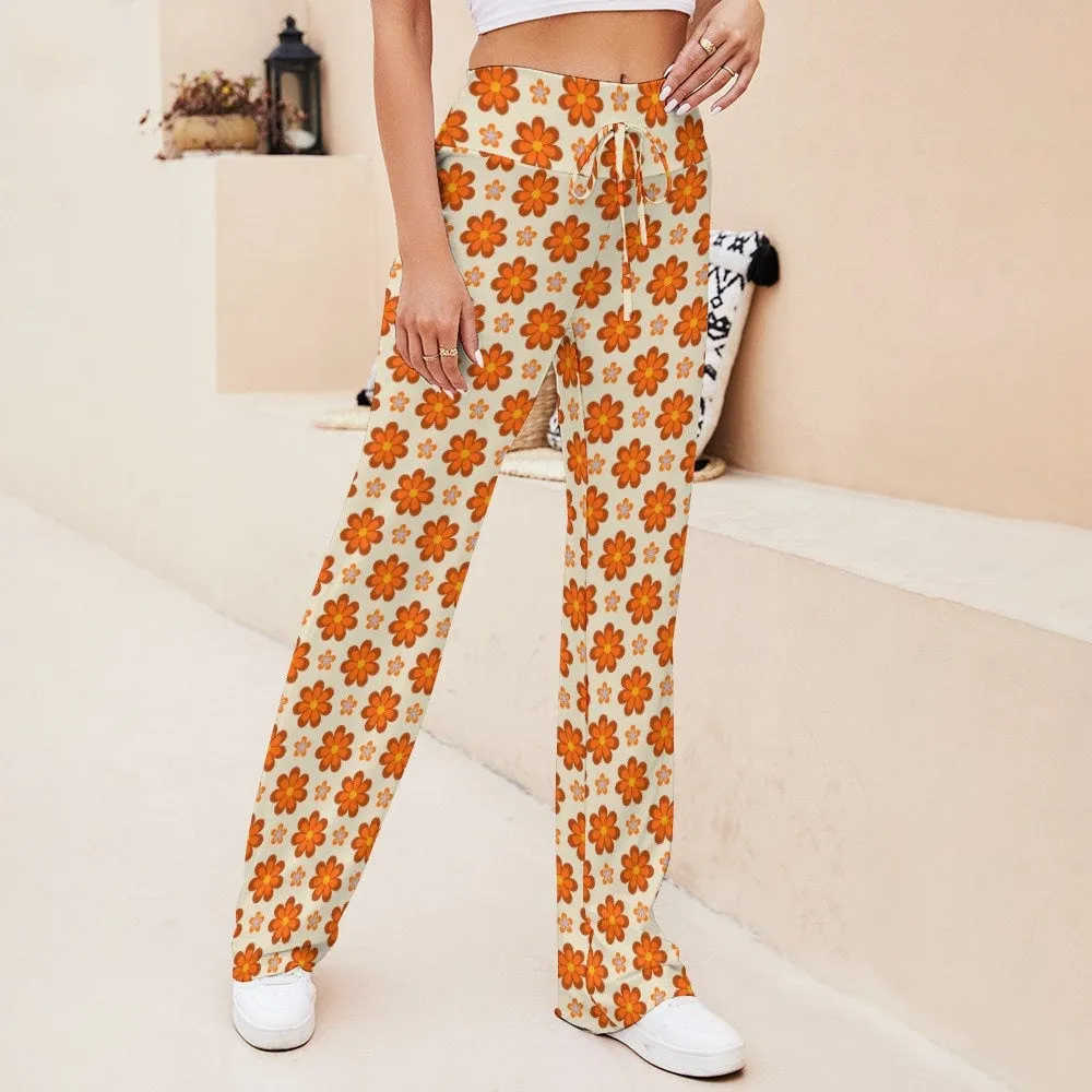 Wide Leg Pants Women, Wide Leg Yoga Pants Women, Hippie Pants Women, Orange Floral Pants Women, 70s inspired pants women