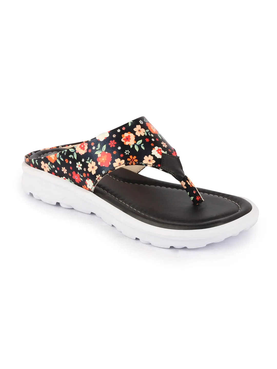 Women Black Comfort Fashion Stylish Floral Print Design Strap Thong Flats Wedges Slipper