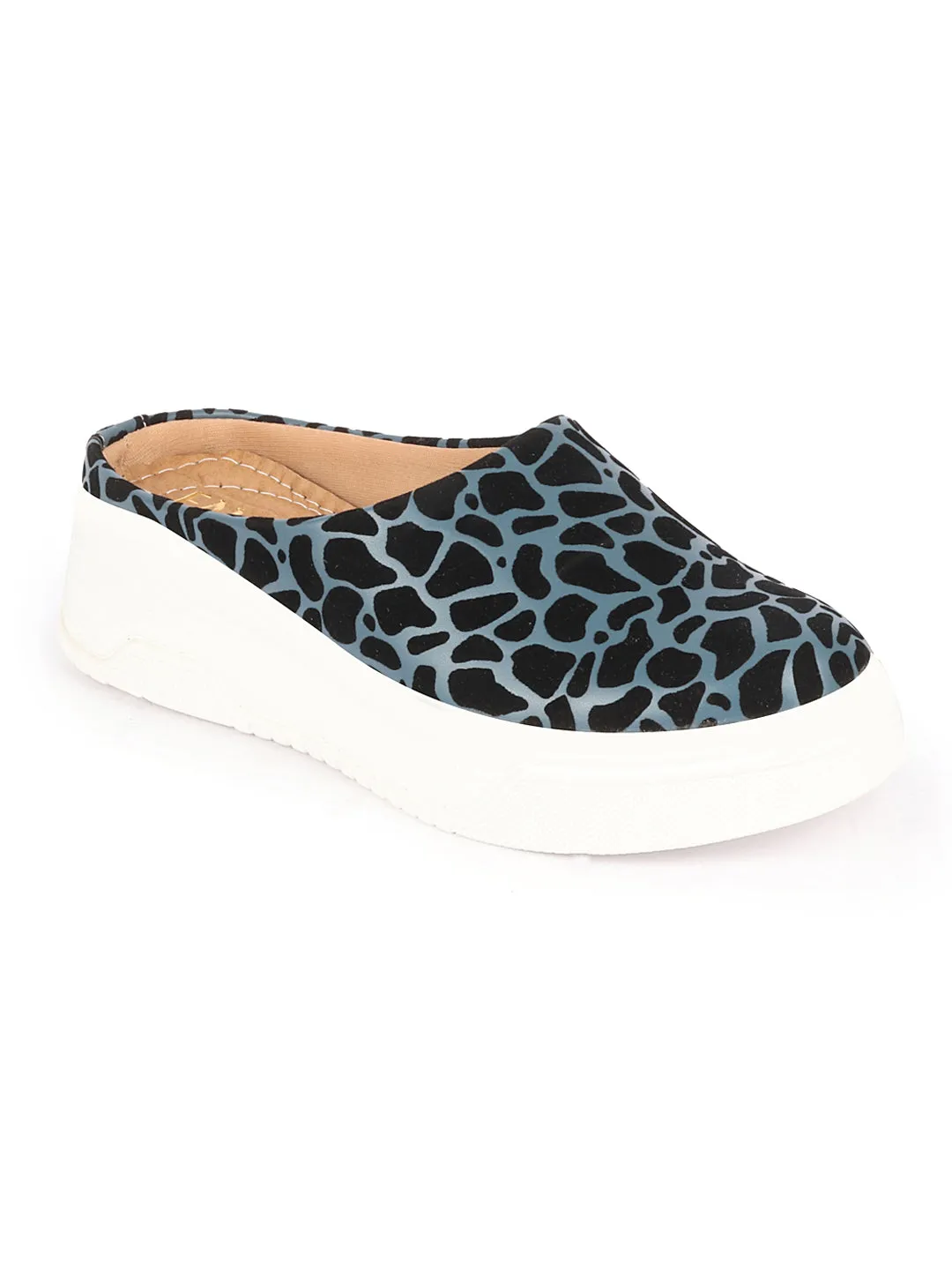 Women Blue Fashion Outdoor Leopard Print Height Enhancer Open Back Slip On Casual Shoes