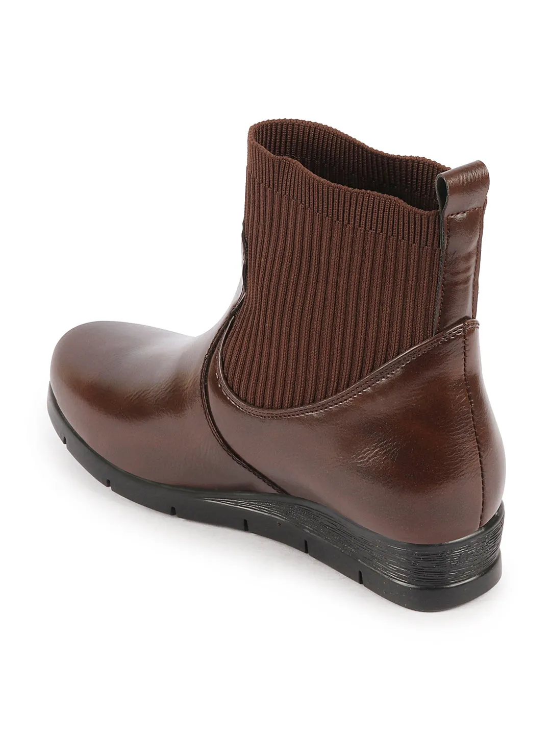 Women Brown Mid Top Socks Collar Slip On Broad Feet Wedge Heel Work Boots