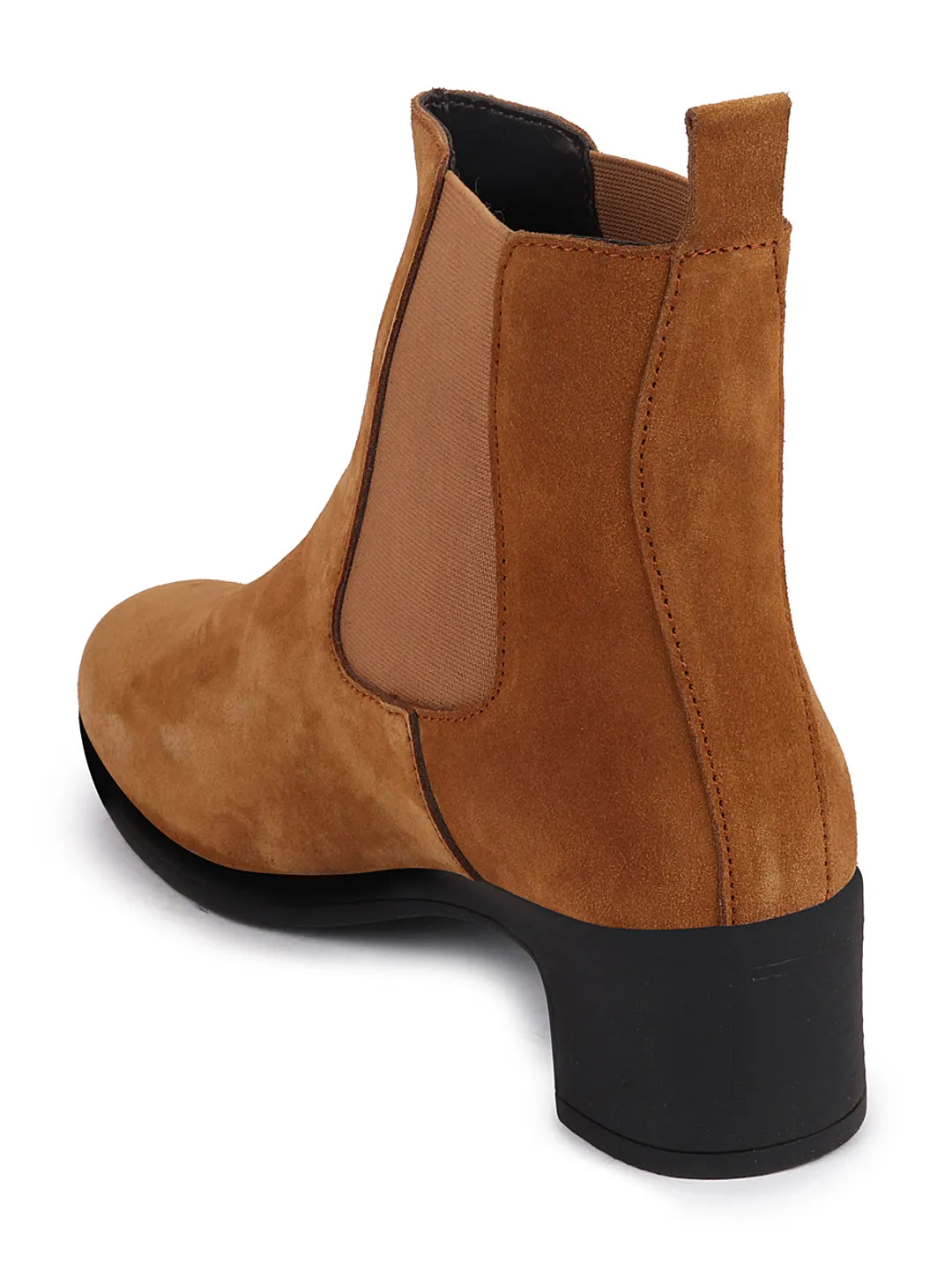 Women Camel Flared Heel High Ankle Suede Leather Classic Winter Chelsea Boots