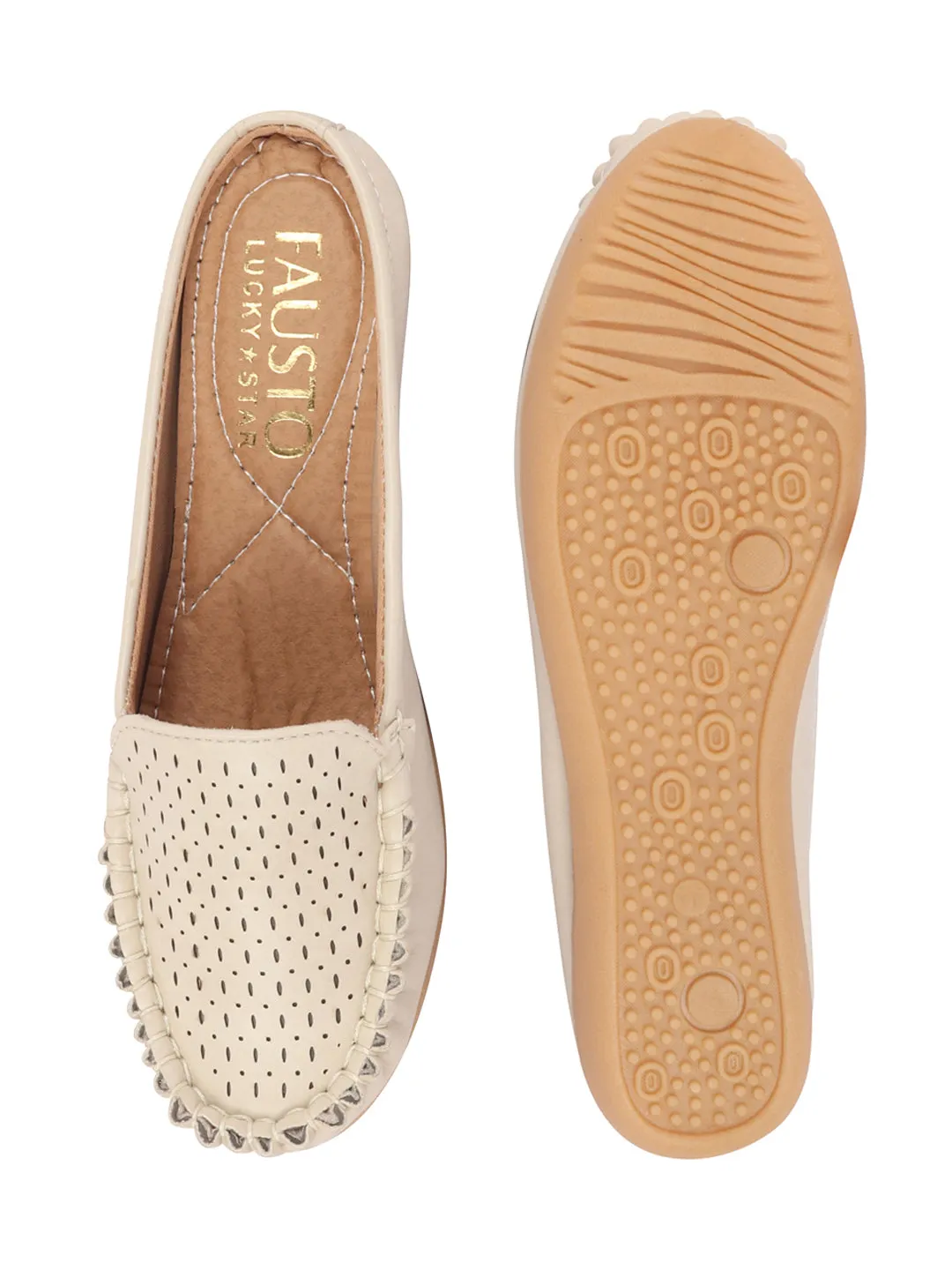 Women Cream Side Stitched Laser Cut Design Back Open Slip On Mules Shoes