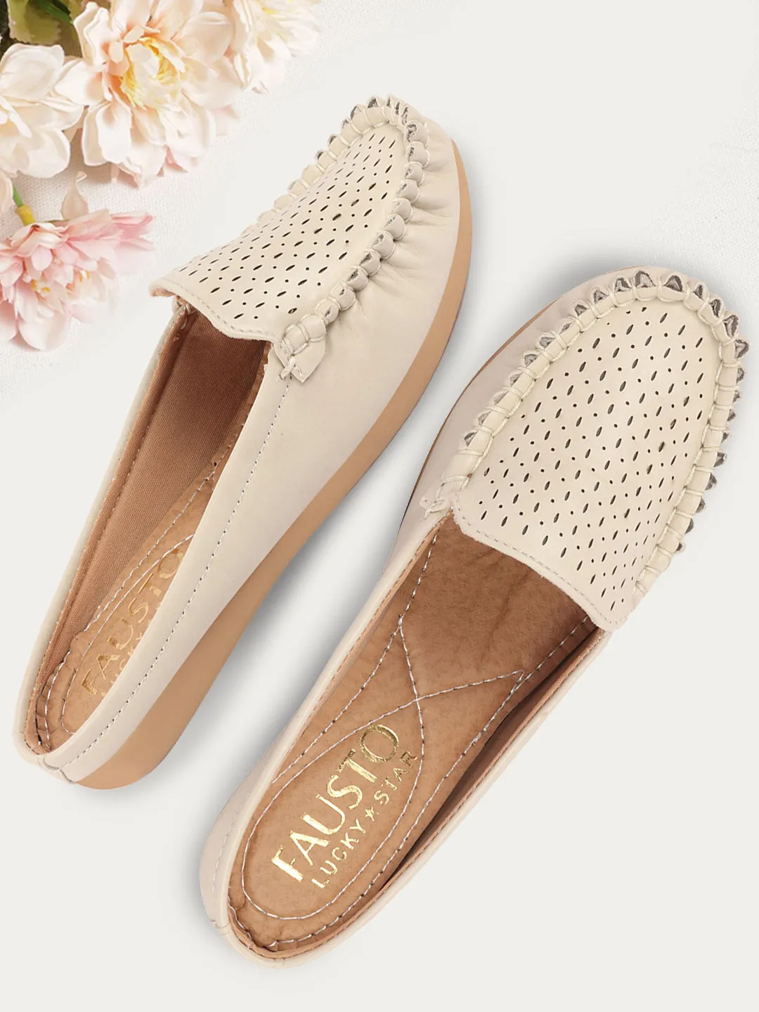 Women Cream Side Stitched Laser Cut Design Back Open Slip On Mules Shoes