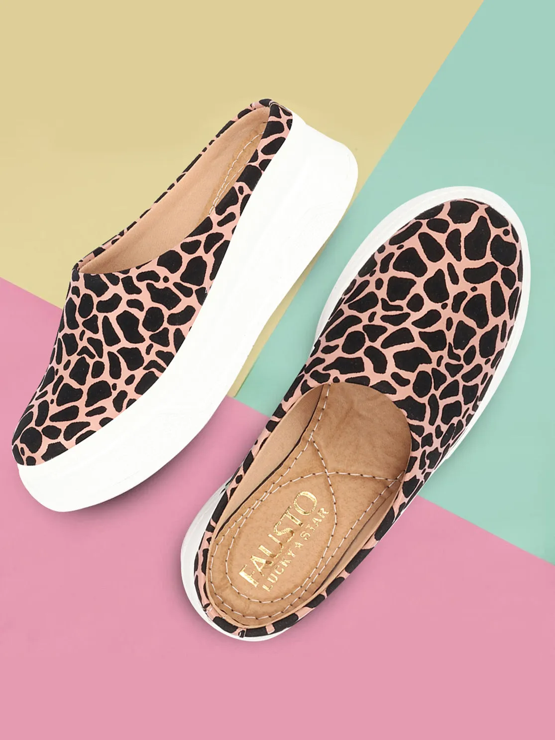 Women Peach Fashion Outdoor Leopard Print Height Enhancer Open Back Slip On Casual Shoes