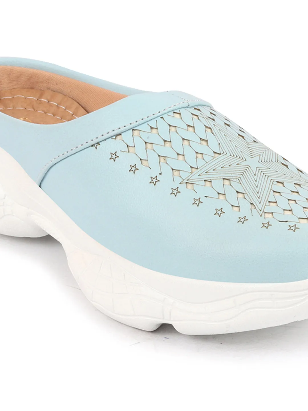 Women Sky Blue Laser Cut Design Stitched Back Open Slip-On Mules Shoes