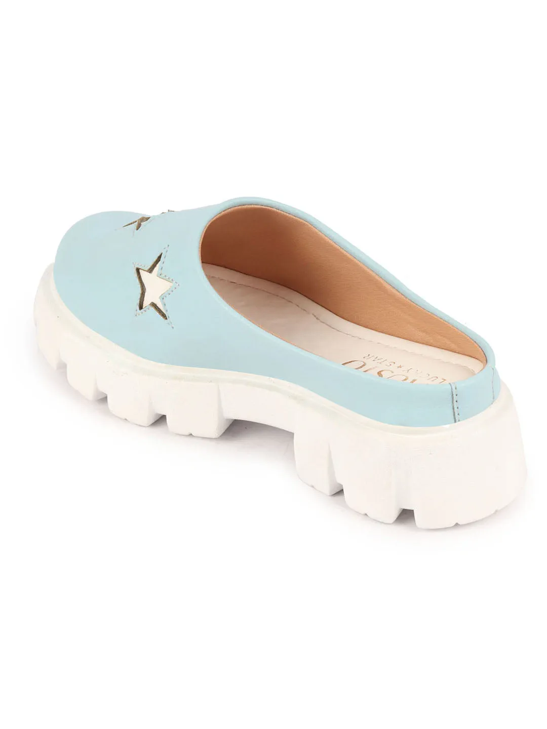 Women Sky Blue Laser Cut Star Open Back Height Enhancer Slip On Casual Shoes