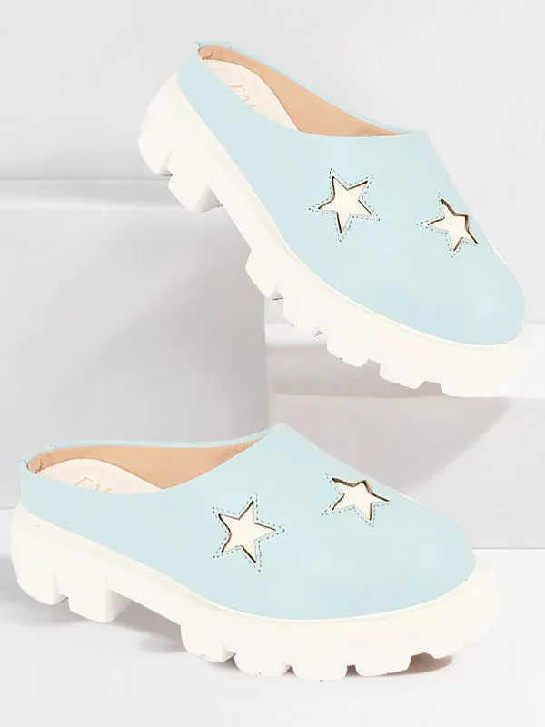 Women Sky Blue Laser Cut Star Open Back Height Enhancer Slip On Casual Shoes