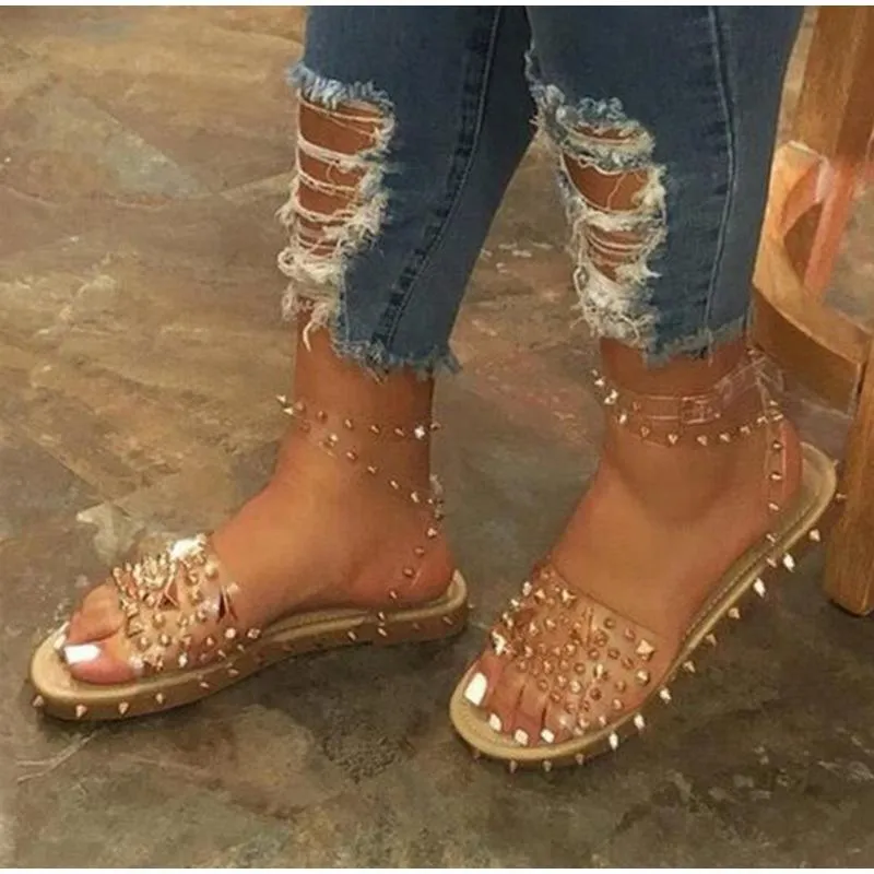 Women Summer New Sandals Flat Heel Rivet Platform Peep Toe Ankle