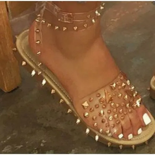 Women Summer New Sandals Flat Heel Rivet Platform Peep Toe Ankle