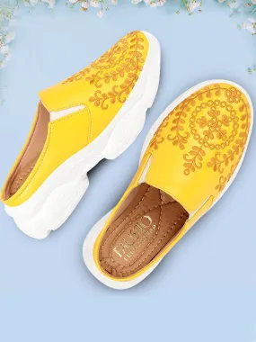 Women Yellow Floral and Leaf Print Embroidery Design Back Open Slip On Mules Shoes