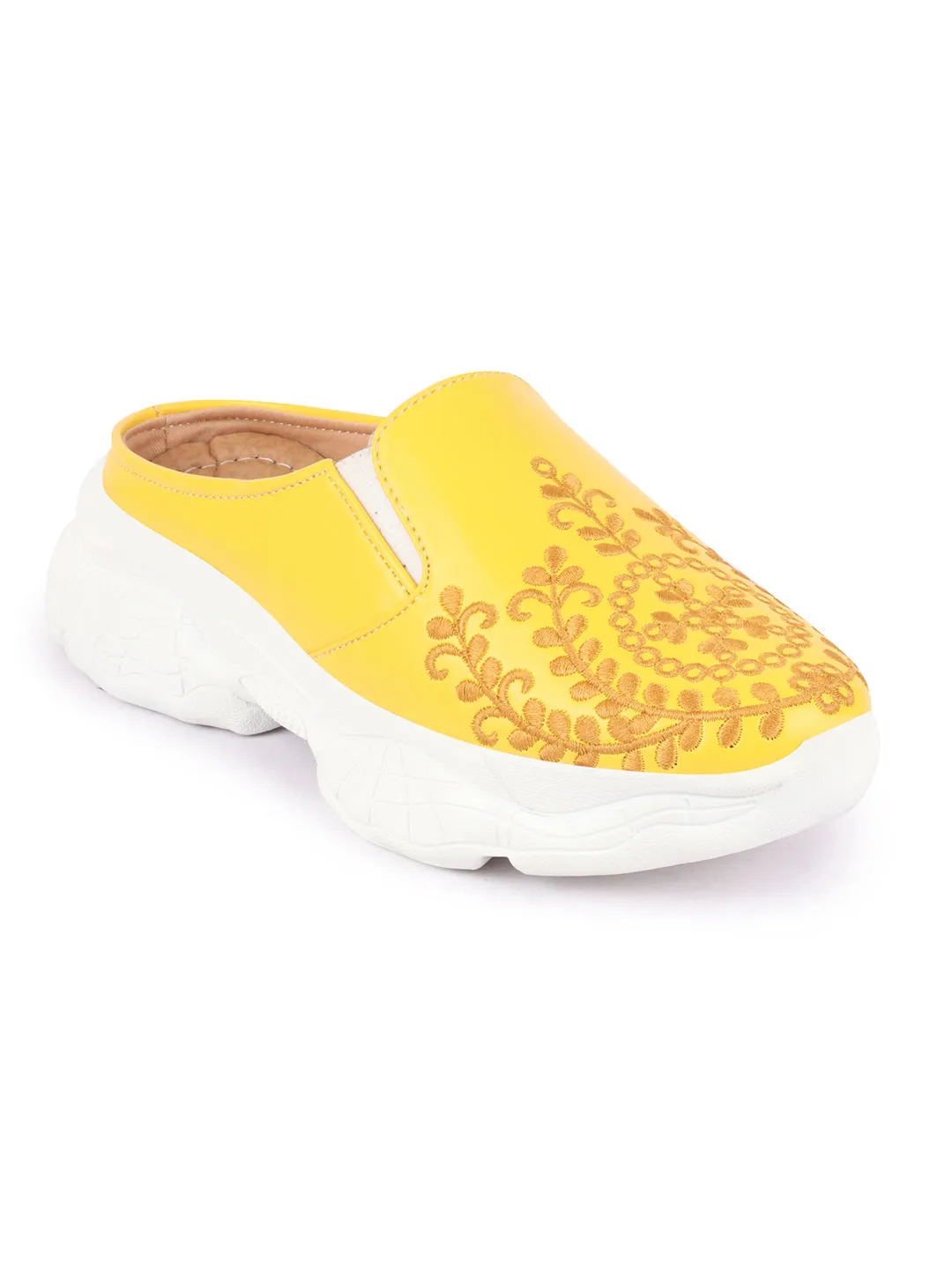 Women Yellow Floral and Leaf Print Embroidery Design Back Open Slip On Mules Shoes