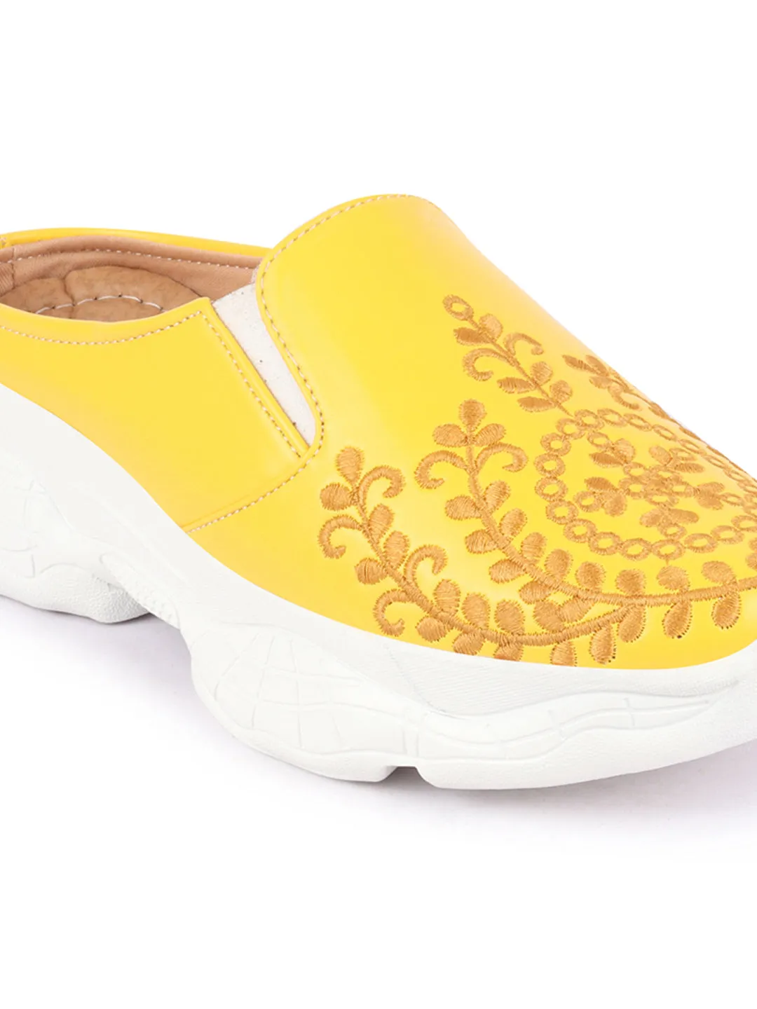 Women Yellow Floral and Leaf Print Embroidery Design Back Open Slip On Mules Shoes