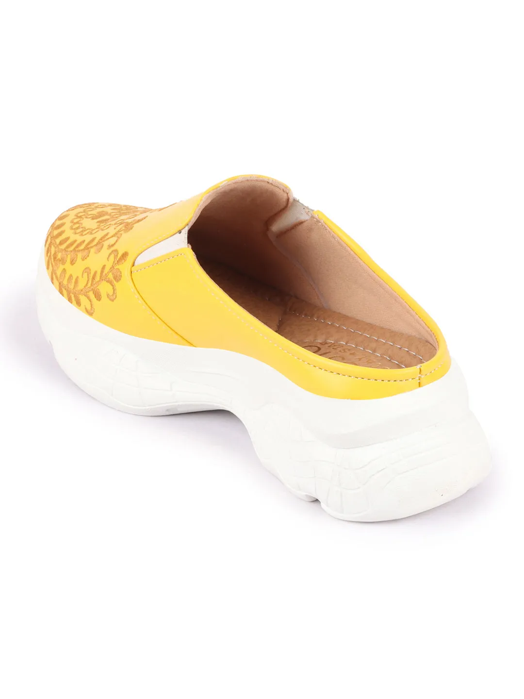 Women Yellow Floral and Leaf Print Embroidery Design Back Open Slip On Mules Shoes