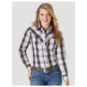 Women's Retro Long Sleeve Western Black Grey and Purple Plaid Shirt