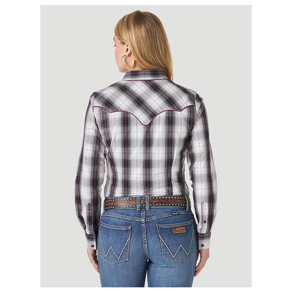 Women's Retro Long Sleeve Western Black Grey and Purple Plaid Shirt