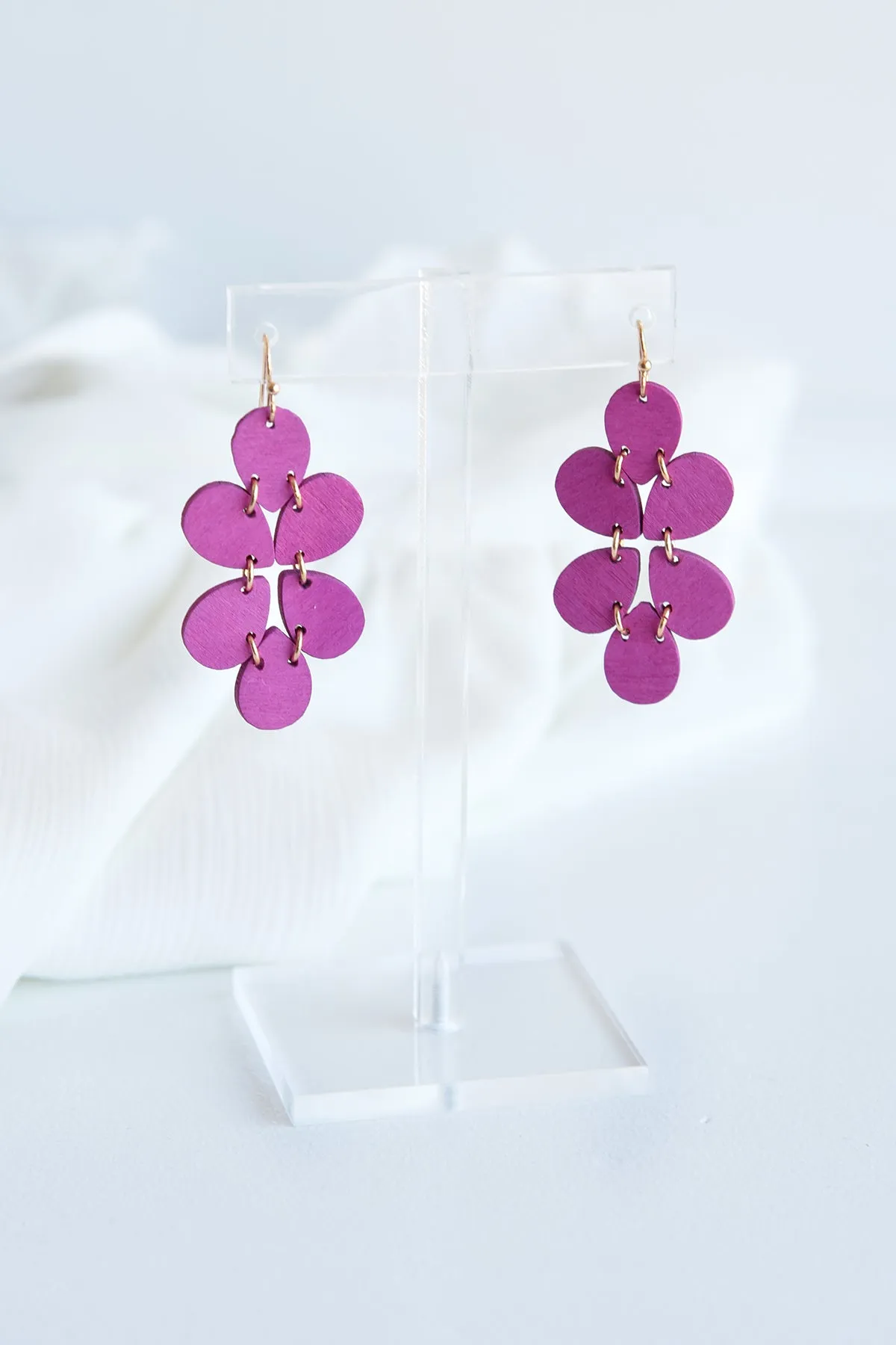 WOOD LINK FLOWER EARRINGS -PINK