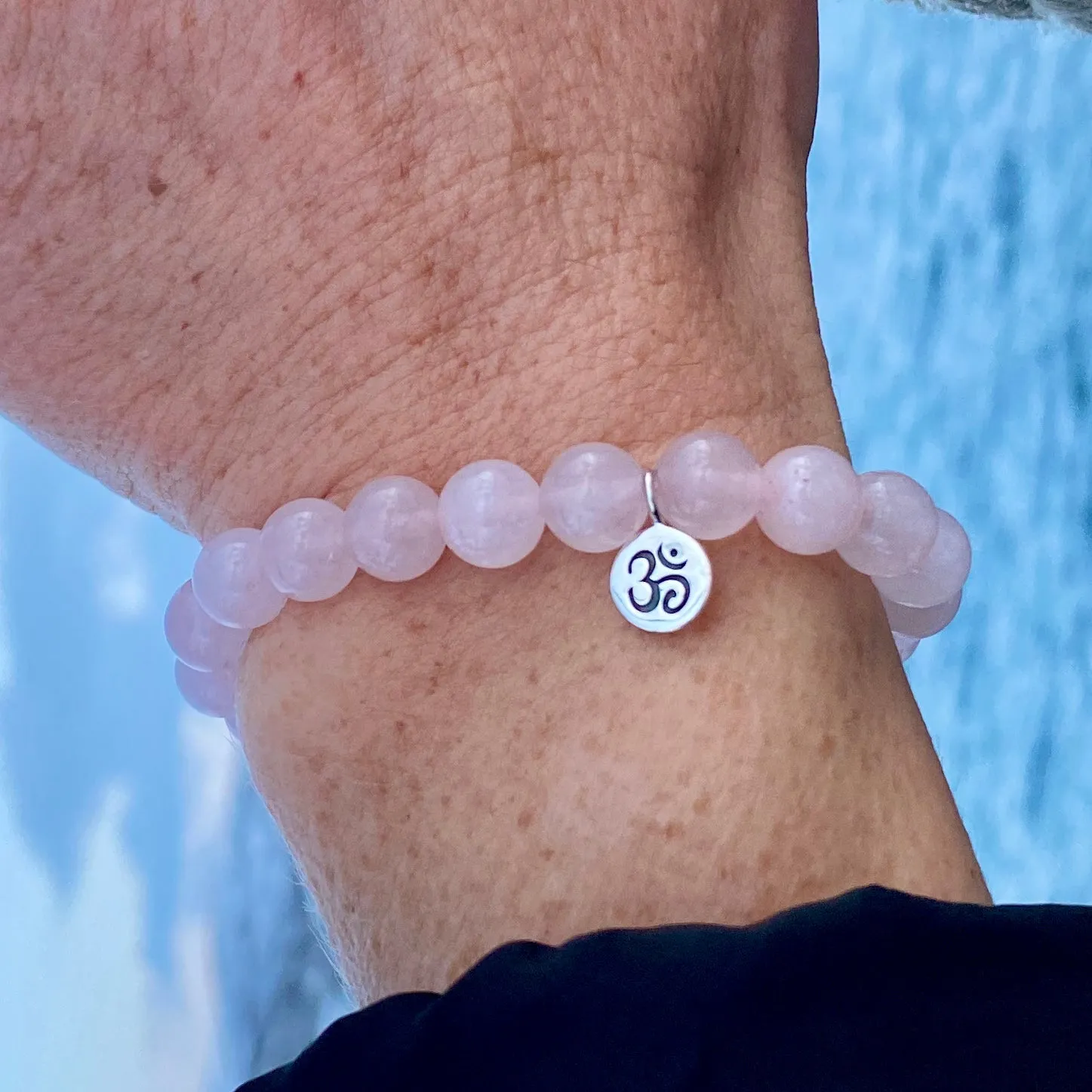 Yoga Inspired Rose Quartz Bracelet with Ohm Charm to Hear the Sound of the Universe